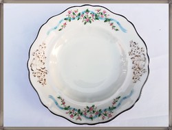 Kézzel festett virág-szalag mintás Biedermeier porcelán mély tányér