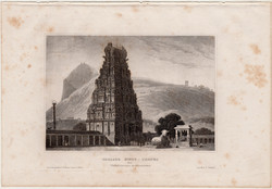 Nagy hindu templom, acélmetszet 1860, Meyers Universum, eredeti, 10 x 14 cm, India, Hindostan