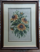 Antique tapestry, tapestry, cozy floral still life, glazed, beautiful wooden frame, flawless