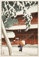 Old Japanese woodcut - snowy winter street pagoda umbrella figure pine 1925 excellent quality reprint print