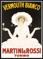Vintage vermut martini szeszes ital alkohol reklám plakát, fehér ruhás hölgy kalapban, pohár Reprint