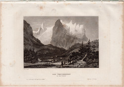 Wetterhorn, acélmetszet 1858, Meyers Universum, eredeti, 9 x 14 cm, Svájc, Alpok, hegy, hegycsúcs