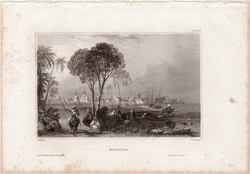 Batavia, acélmetszet 1858, Meyers Universum, eredeti, 9 x 15 cm, Jakarta, Indonézia, Jáva, sziget