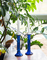 Retro kék üveg gyertyatartó pár - midcentury modern design