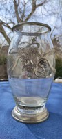 Gyönyörű díszes üveg, kristály,jelzett ón  talpú  üveg váza viràg mintàval ! Ajándék ötlet!