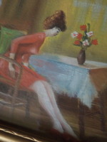 Signed painting, interior with a seated female figure, 34x28.5