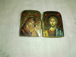 Antik, mini ikon a Szent családdal, faragott kis könyv....táskában hordható.