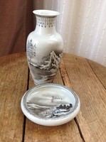 Antik kézzel festet japán kis váza tálkával, apró szépséghibával