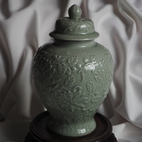 Kinai porcelán zöld virág lótusz tea Gyógynövény Feng Shui urna váza edény doboz tároló fűszer