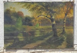 Hatalmas méretű festmény tàjkép,park részlet kastély parkja, valószínűleg Tiszapart
