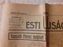 "KOSSUTH FERENC MEGHALT" Ritka papír régiség, ESTI ÚJSÁG 1914. máj. 26. teljes lapszáma, 1 Ft-ról