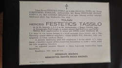 Herceg Festetics Tassilo halotti értesitö 1933