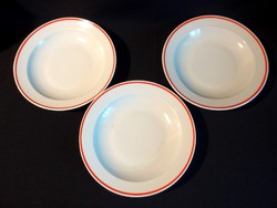 3 db retró Zsolnay porcelán piros csíkos mély leveses tányér 23,5 cm átmérő