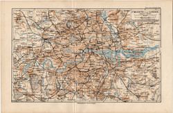 London és környéke térkép 1892, eredeti, német nyelvű, régi, Meyers atlasz, Anglia, Nagy - Britannia