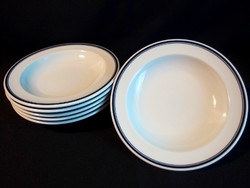 6 db kék csíkos alföldi porcelán mély leveses tányér