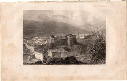 Roveredo, acélmetszet 1840, eredeti, 10 x 15, metszet, monarchia, vár, Tirol, Etsch folyó, város
