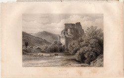 Árva vára, acélmetszet 1840, eredeti, 10 x 15, metszet, monarchia, Szlovákia, Árvaváralja, folyó