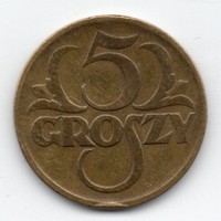 Lengyelország 5 lengyel groszy, 1923, ritka, sárgabronz