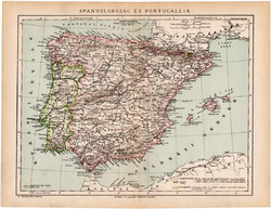 Spanyolország és Portugália térkép 1892, eredeti, régi, Athenaeum, Brockhaus, magyar, 24 x 31 cm