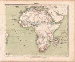 Afrika térkép 1857, eredeti, Berghaus, német nyelvű, atlasz, Szahara, Egyiptom, Nílus, Fokváros