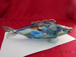 Bohemia csehszlovák fújt üvegfigura, Kékes színezetű hal, hossza 30 cm.