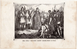 Imre király testvérét Endrét személyesen elfogja, metszet 1860, eredeti, fametszet, történelem, 1203