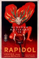 Vintage reklám hirdetés plakát reprint nyomat Cappiello Rapidol fémtisztító piros köpeny ördög edény