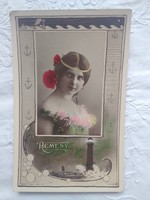 Antik, kézzel színezett, fotólap/képeslap hölgy, világítótorony, 'Remény' felirattal