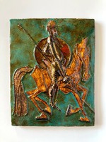 Iparművészeti ritka jelzett mázas pirogránit kerámia - Don Quijote  26,5 cm