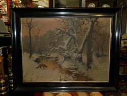 Neogrády Antal (1861 - 1942) "Róka a pataknál" téli tájkép 100*75 cm