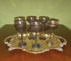 6 darabos ezüstözött pohár készlet + réz tálca együtt