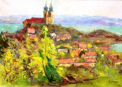 László Csupor (1914-1990): view of Tihany with the abbey - oil on canvas, framed