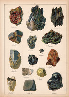 Ásvány (21), antimonit, bazaltkő, meteor kő, magnetit, galenit, litográfia 1899, eredeti, 24 x 34 cm