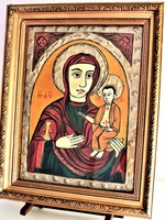Antik, nagyméretű ikon; a máriapócsi Istenszülő/Könnyező Madonna,fatáblán, kézzel festett,aranyozott
