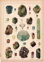 Ásvány (19), litográfia 1899, eredeti, 24 x 34 cm, nagy méret, gyémánt, topáz, rubin, zafír, smaragd