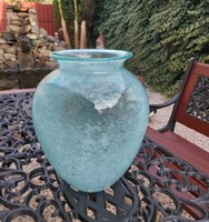 Türkiz 30 cm-es repesztett  Fátyolüveg fátyol karcagi berekfürdői üveg váza  Gyűjtői