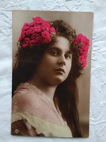 Antique hand-colored romantic photo / postcard for lady in lace with pink floral hair ornament