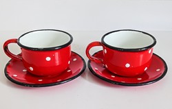 Régi zománcos piros pöttyös kávés csésze párban