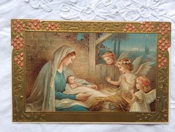 Antik dombornyomott litho/litográfiás aranyozott képeslap/üdvözlőlap/szentkép angyal, Mária Kisjézus