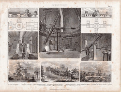 Csillagászat (8), egyszín nyomat 1870, asztronómia, obszervatórium, Greenwich, Lipcse, teleszkóp