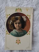 Antik, színes fotólap/képeslap barna hajú kislány 1911