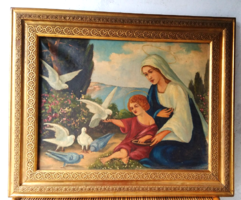 Galambokat etető  Jézus és Mária - XIX-XX.sz olaj vászon,ismeretlen művész ,szép aranyozott keret