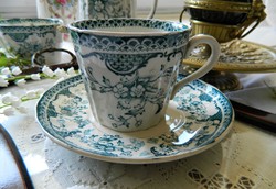 Antik Adderleys Spring angol fajansz csésze és kistányér, teás szett, türkiz, 1850-es évek