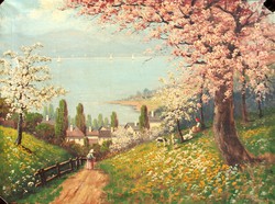 János N. Balázs: spring atmosphere at Lake Balaton - large-scale oil-canvas painting, framed
