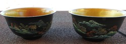 Pair of Japanese rice plates - pair of hand-painted lacquered wooden deep bowls