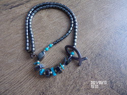 Hematite and turquoise necklace and fish pendant