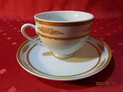 German porcelain, gold patterned teacup + placemat. He has!