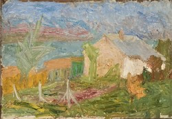 Vidéky Brigitta Iván Szilárdné (1911 - 2017) Tihanyi táj c festménye 50x34cm EREDETI GARANCIÁVAL !