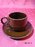Chocolate brown glazed ceramic, coffee cup with gold border + placemat. He has!