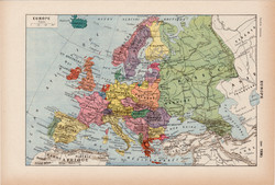 Európa térkép 1938, francia, 19 x 29 cm, lexikon, eredeti, politikai, népek, állatok